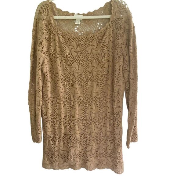 Together Tan Crochet Knit Sweater Top XL Ramie Cotton Long Sleeve Boho Resortwea - Picture 1 of 5